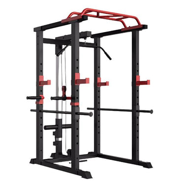 Power Cage with red pull-up bar, pulley system, and adjustable safety arms for strength training, squats, and pull-ups – best price home gym equipment.