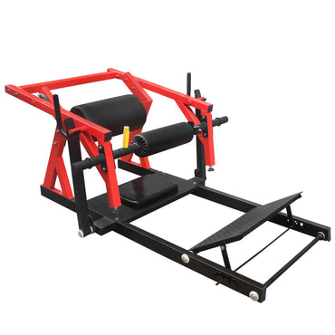 Red and black hip thrust machine with adjustable padded rollers and foot platform for glute activation, lower body strength, and home gym workouts.