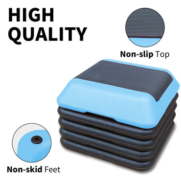 High-quality blue aerobic step platform with non-slip top and non-skid feet for stability, ideal for cardio, strength training, and step workouts at home or gym.